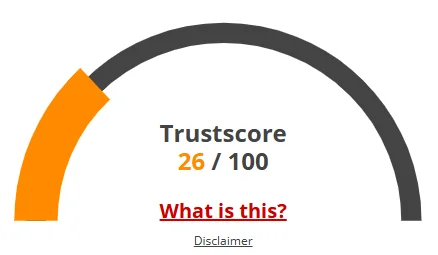 TrustScore review meter indicating a low rating of 26/100, signaling credibility concerns for the platform.