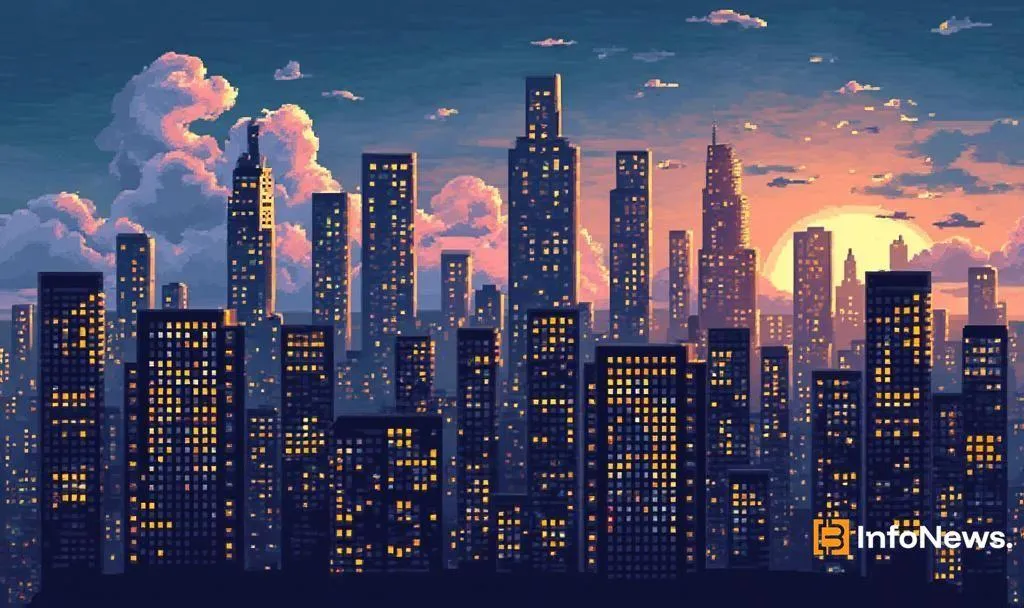 Pixel art city skyline at sunset symbolizing U.S. Margin Debt July 2025 reaching record levels