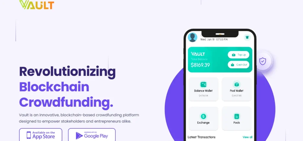 Vault mobile app screenshot showing total balance and wallet options for blockchain crowdfunding