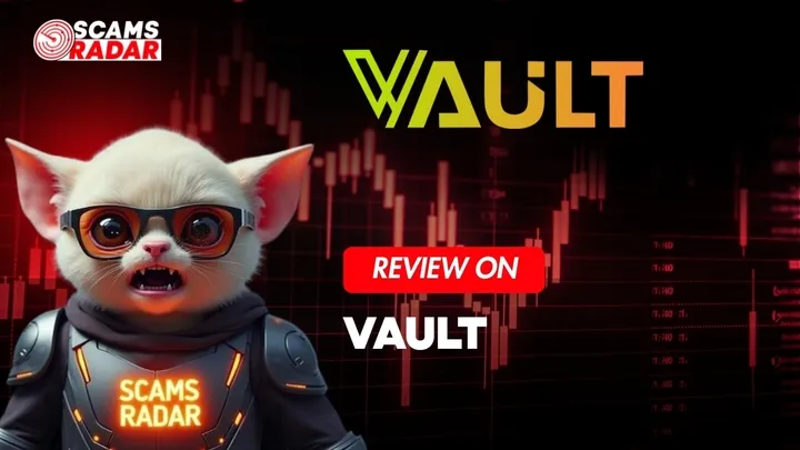 YouTube thumbnail showing Vault review with a futuristic character and stock market background
