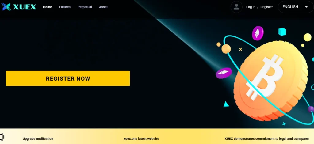 Screenshot of XUEX crypto exchange homepage with register button and animated Bitcoin graphics