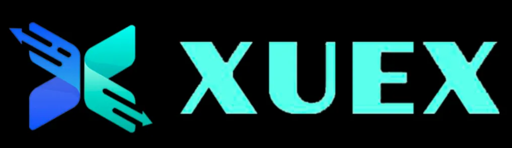 XUEX logo with stylized arrows and bright aqua blue font on a black background