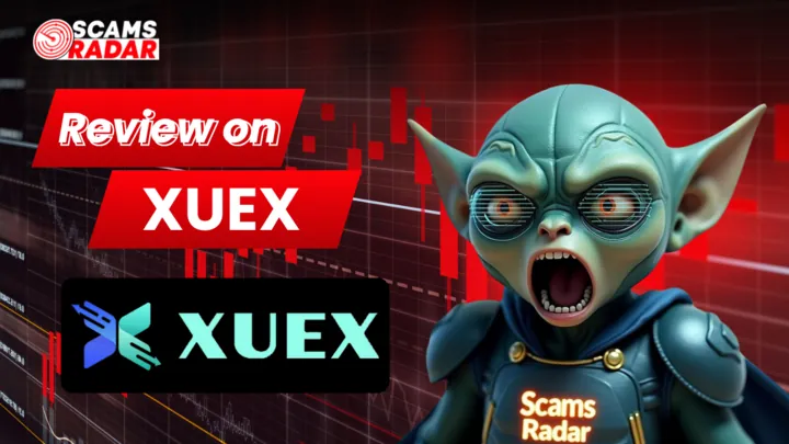 Scams Radar alien mascot with XUEX logo and red financial chart background for review thumbnail