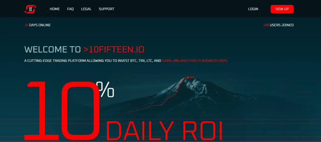 Screenshot of 10Fifteen.io website showing 10% daily ROI investment claim