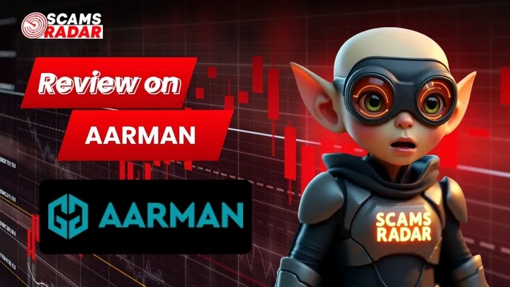 Scams Radar review on Aarman platform with futuristic character and logo