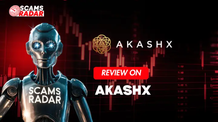 YouTube thumbnail for AkashX review, featuring a robot and stock market graph with Scams Radar branding.