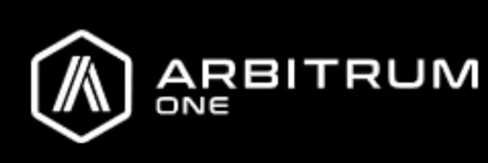 Arbitrum One logo in white text with a minimalist design on a black background.
