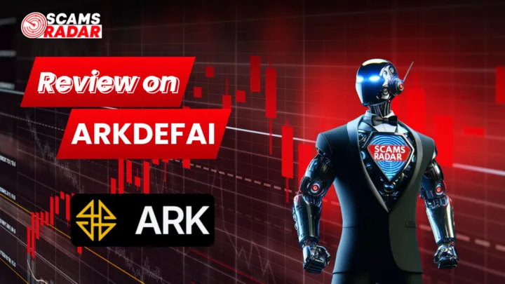 Scams Radar review image on ArkDeFAI scam showing robot character and trading chart background