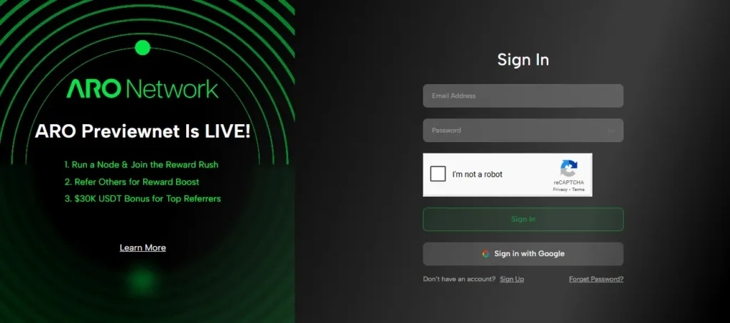 ARO Network login dashboard with Previewnet live announcement and referral rewards