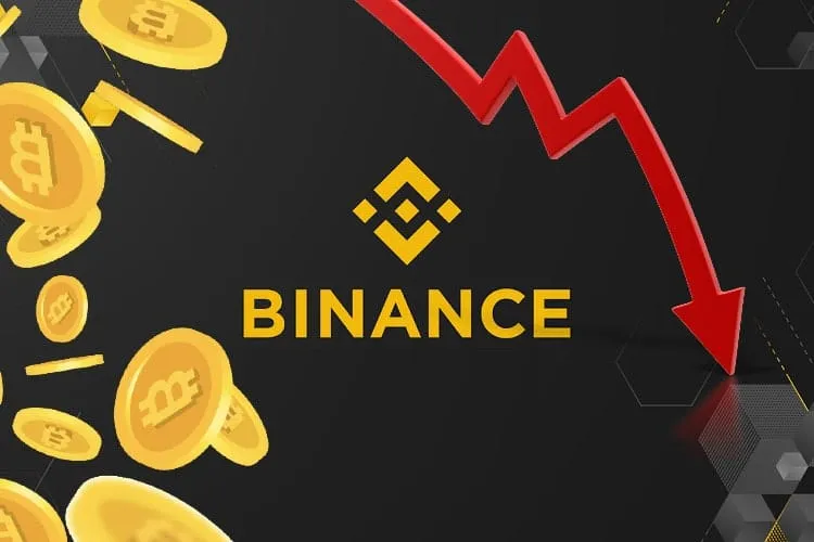 Binance logo with red arrow and falling crypto coins symbolizing BAKE, HIFI, and SLF delisting impact on altcoin market