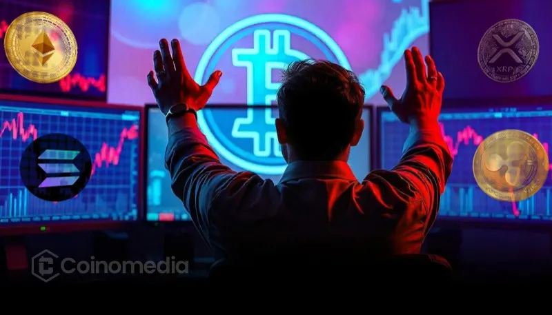 Investor reacts to rising bond yields and market charts with Bitcoin, Ethereum, Solana, and Ripple graphics