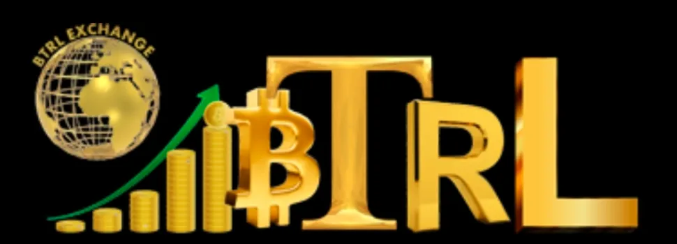Golden BTRL Exchange logo with bitcoin symbol and growth chart design