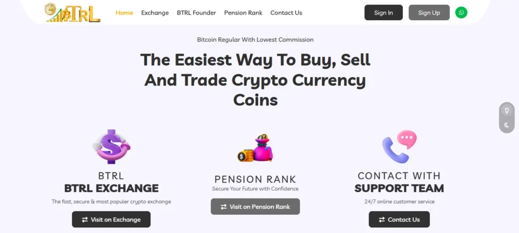 Screenshot of BTRL Exchange homepage showing crypto trading, pension rank, and support team features