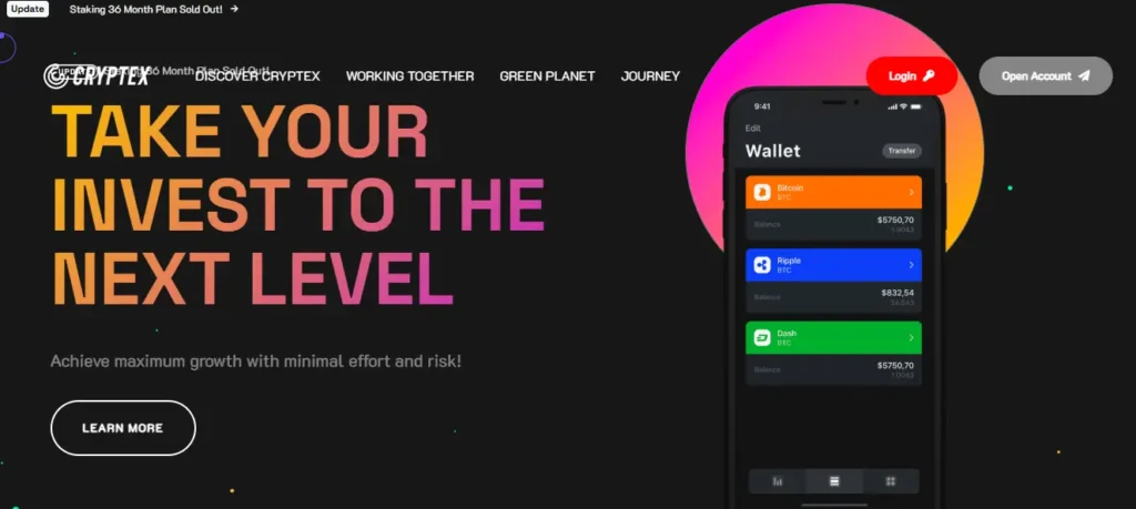 Cryptex website homepage with crypto wallet interface promoting investment growth claims