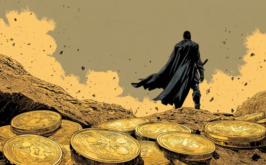A warrior in black cloak standing on rocks with golden crypto coins scattered in front
