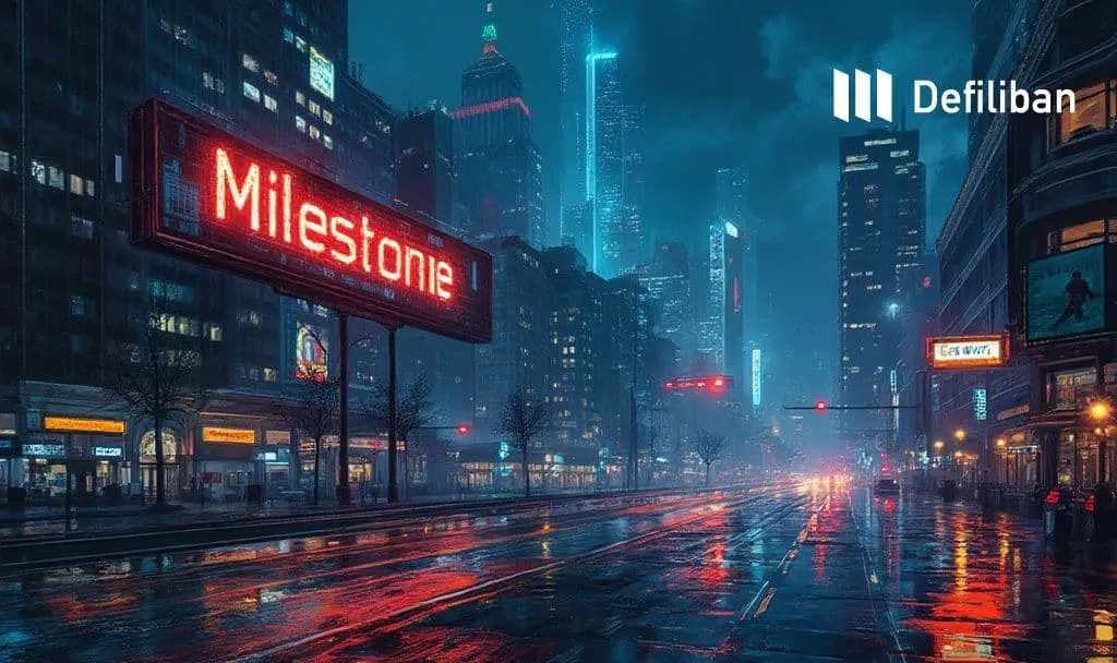 Defiliban milestone achievement displayed on digital city board at night