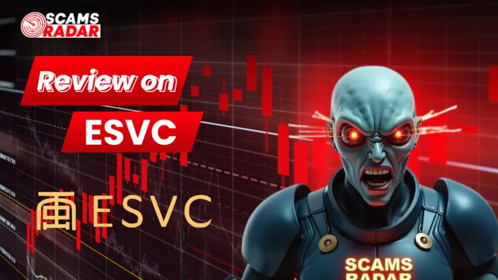 Scams Radar ESVC review banner with futuristic character and trading chart background