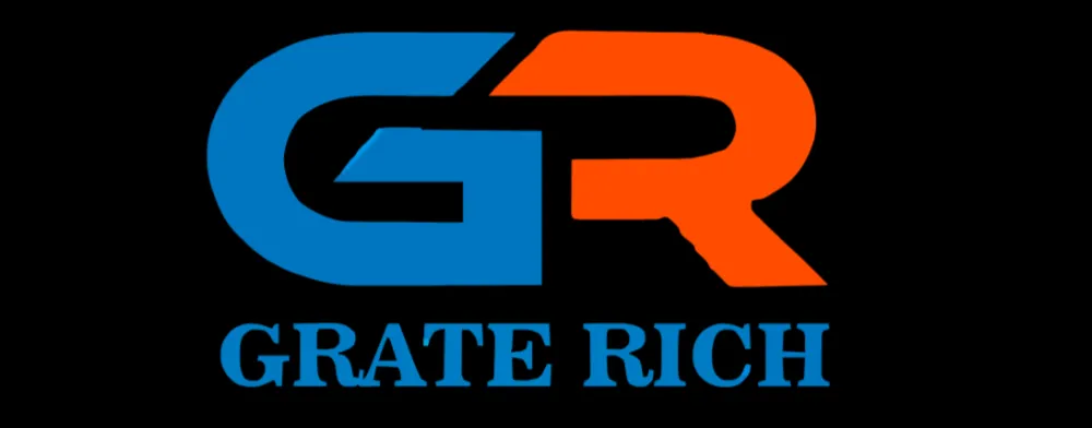 Official Great Rich logo in blue and orange on black background