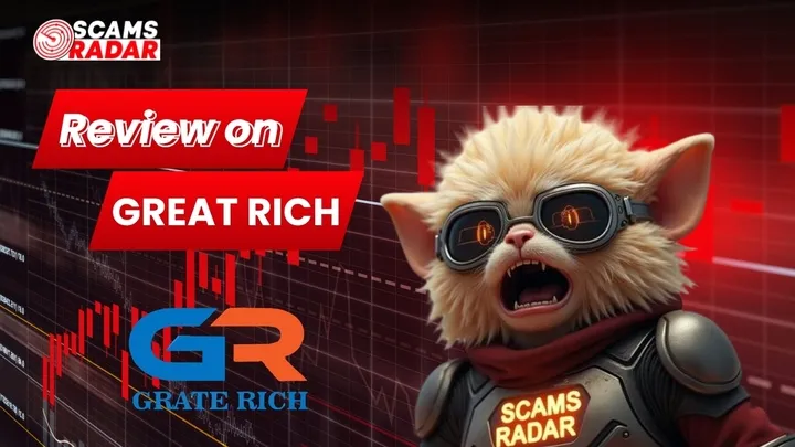 Scams Radar Great Rich review banner with animated character and trading chart background