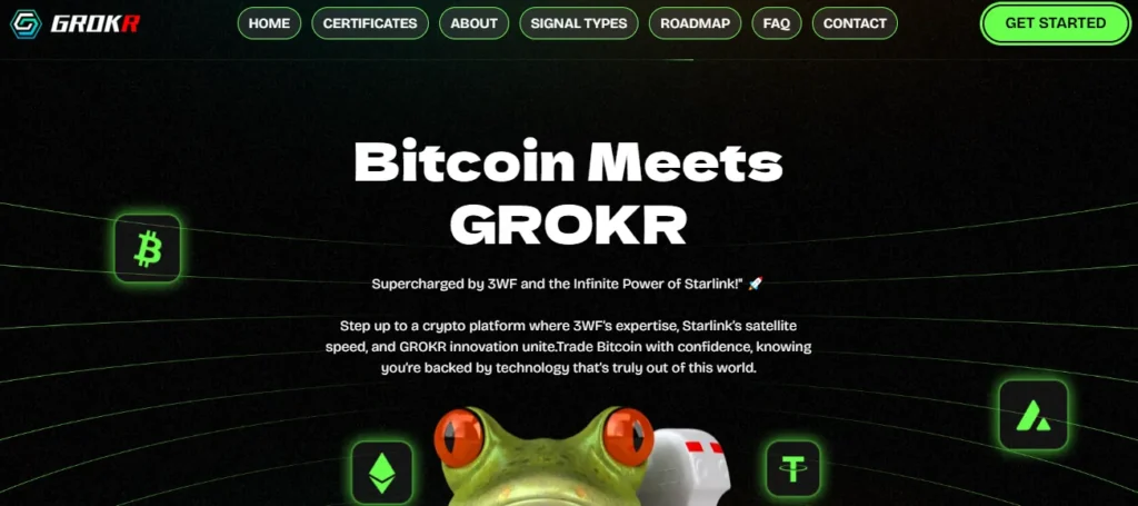 GROKR crypto platform screenshot showing Bitcoin integration and trading features