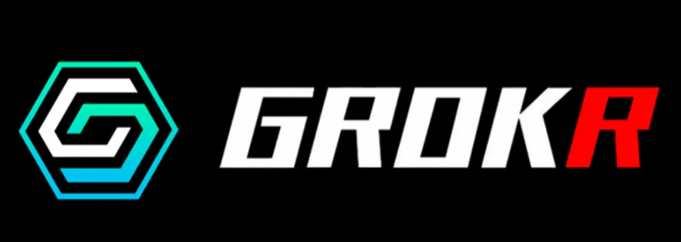 Official GROKR logo in white and red text with blue hexagon icon on black background