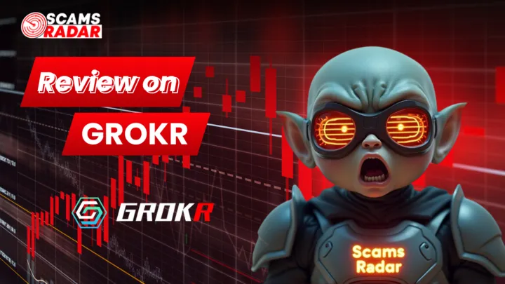 Scams Radar GROKR review banner with futuristic character and trading chart background