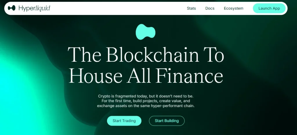 Hyperliquid blockchain platform homepage showcasing financial solutions