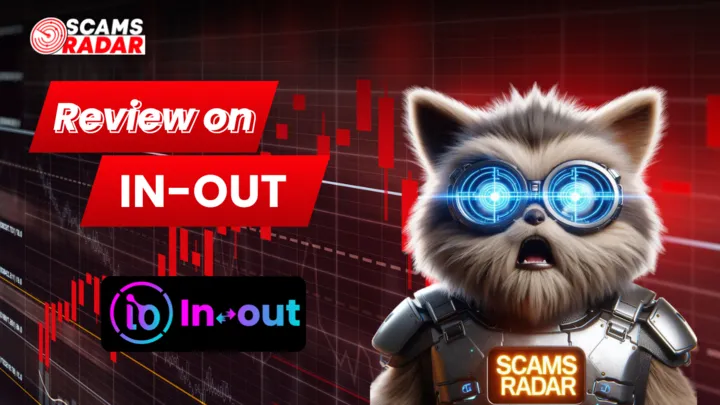 Scams Radar review image on In-Out scam showing futuristic raccoon character with trading chart background