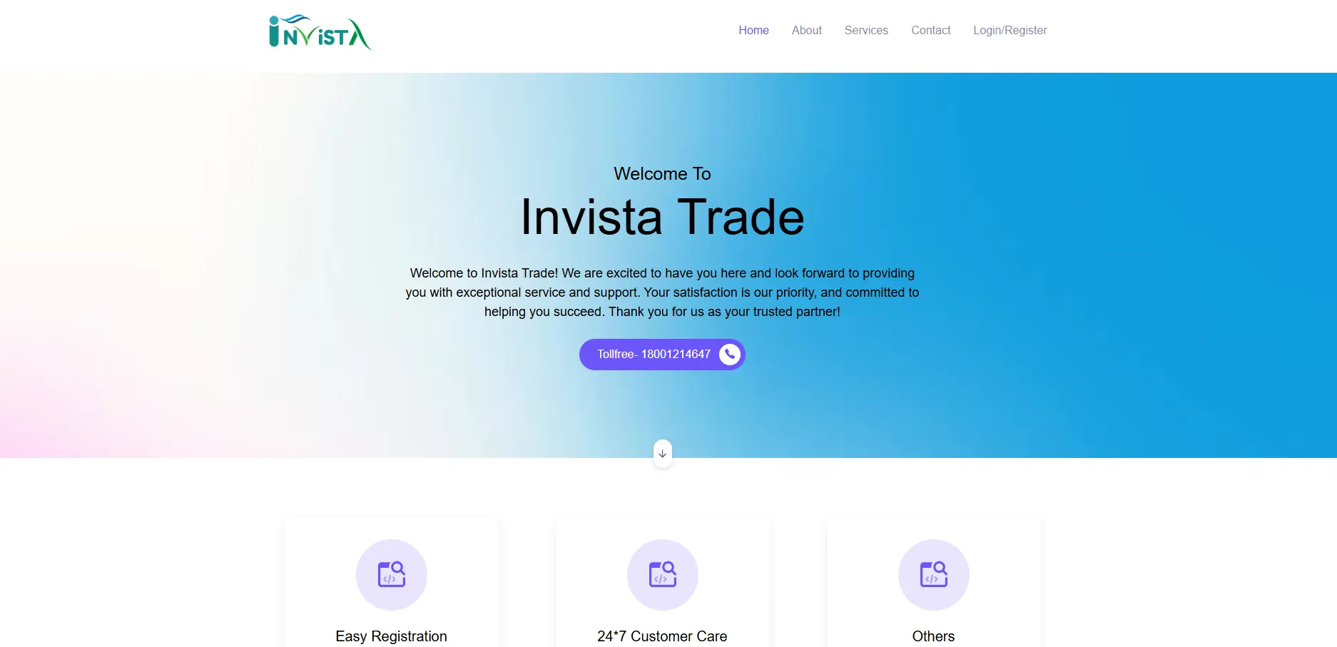 Screenshot of Invista Trade homepage showing welcome message and service highlights