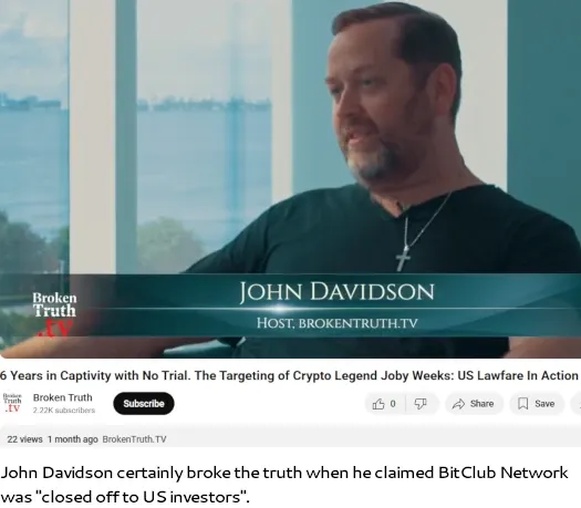 John Davidson of BrokenTruth.TV discussing BitClub Network’s restrictions on US investors during interview.