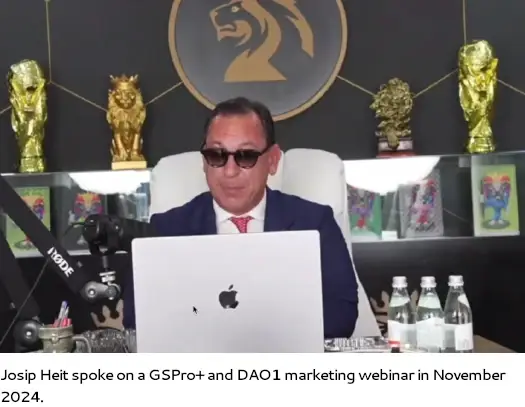 Josip Heit speaking during a GSPro+ and DAO1 marketing webinar in November 2024