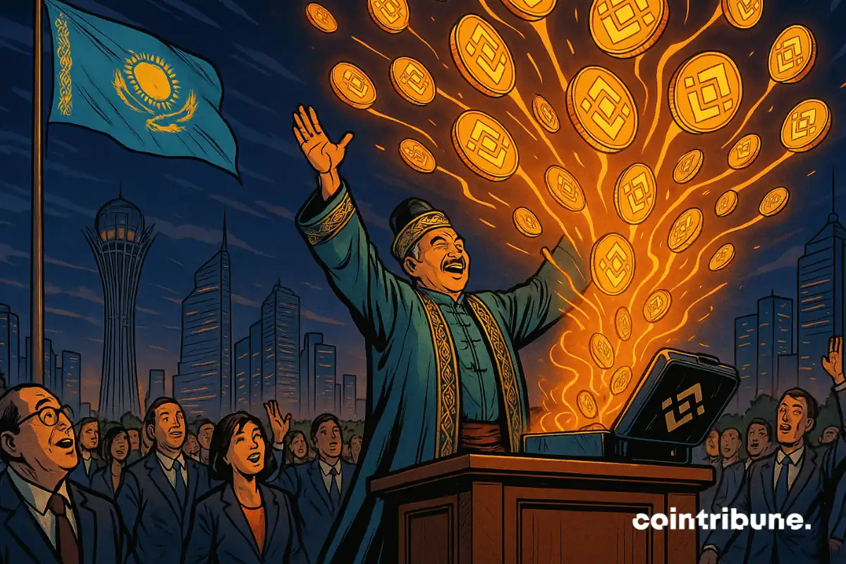 Illustration of Kazakhstan leader announcing Alem Crypto Fund with Binance BNB coins symbolizing state-backed digital reserves
