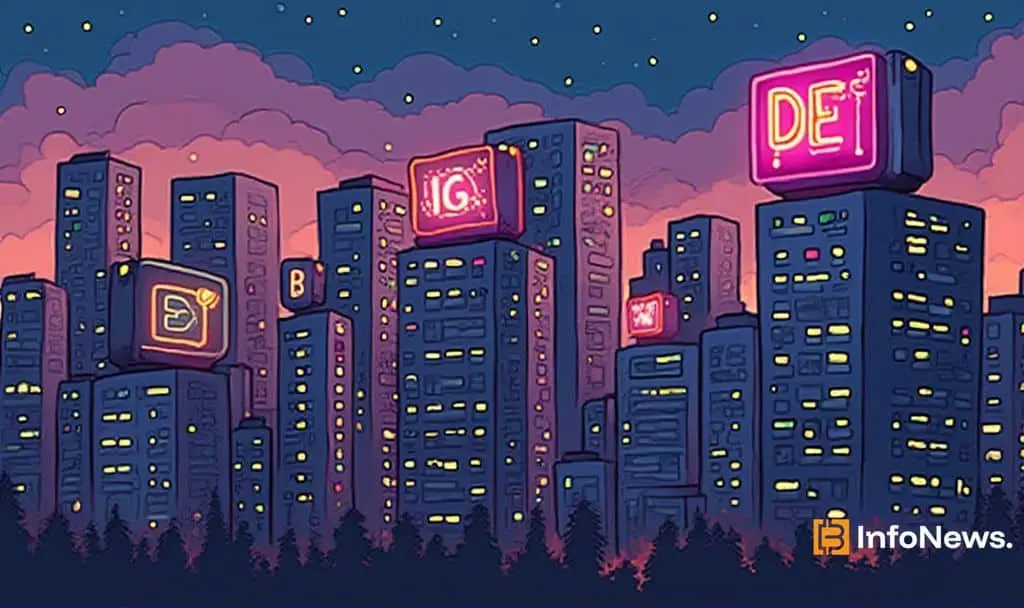 Illustration of digital city skyline with glowing signs, symbolizing MetaMask MASK Token Launch by Consensys CEO Joe Lubin