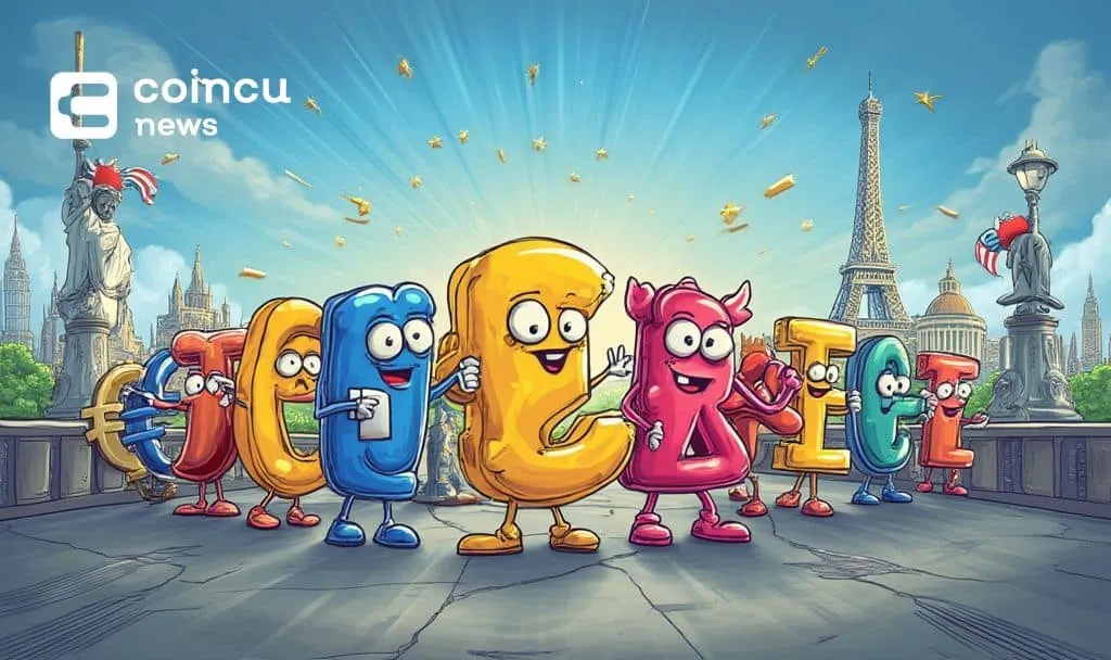 Cartoon euro letters celebrating launch of MiCA-compliant euro stablecoin by European banks with landmarks in background