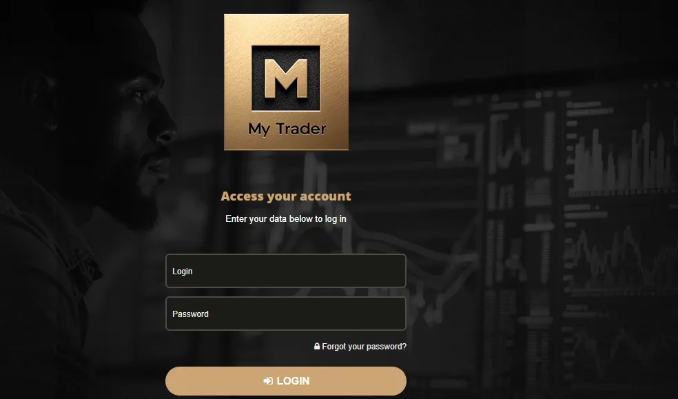 Screenshot of MyTrader login page with username and password fields
