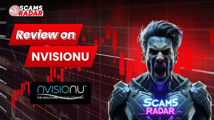 Scams Radar NVisionU review image with market chart background and futuristic character