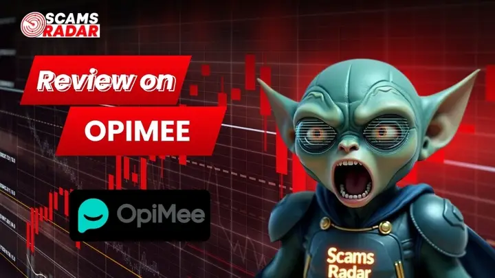 Scams Radar OpiMee review image with market chart background and futuristic character