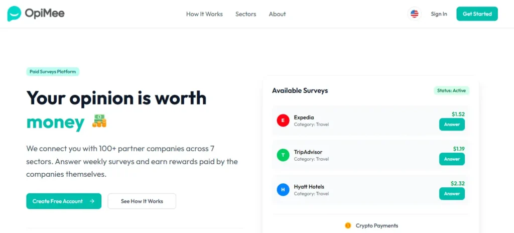 OpiMee survey platform showing available surveys with rewards from Expedia, TripAdvisor, and Hyatt Hotels