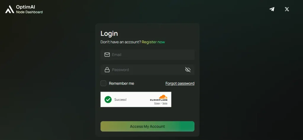 OptimAI Review login page showing node dashboard access screen