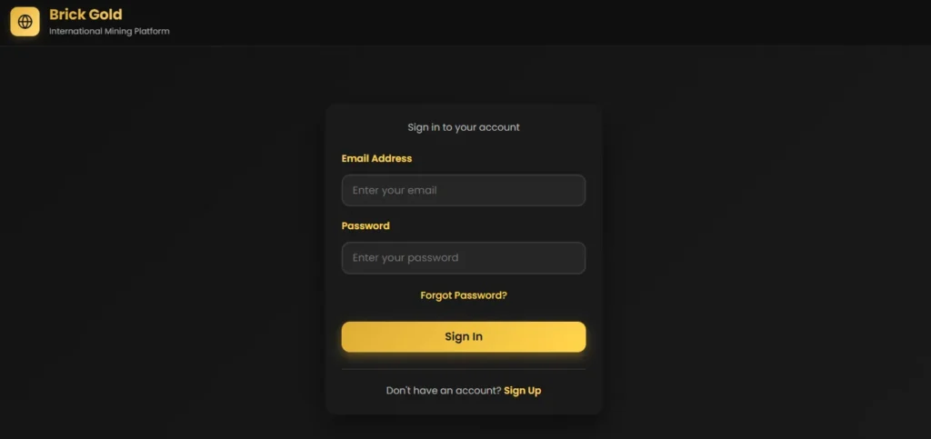 Brick Gold platform sign-in page showing email and password fields with a yellow sign-in button.