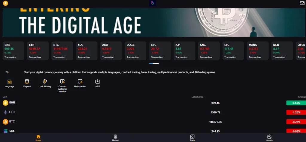 Digital currency trading platform with BNB, ETH, BTC, SOL, ADA, DOGE, ETC, and other cryptocurrencies, showcasing real-time market data