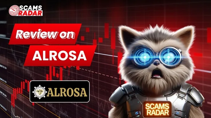 Alrosa platform review with Scam Radar logo and animated character, analyzing investment risks.
