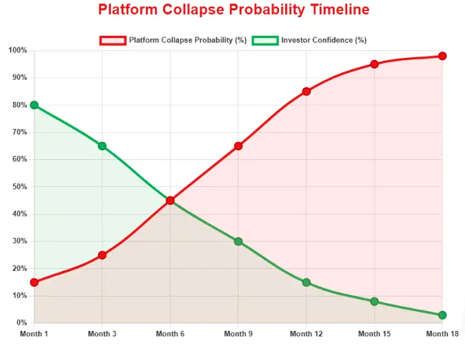 Chart showing platform collapse probability increase and investor confidence decline over 18 months