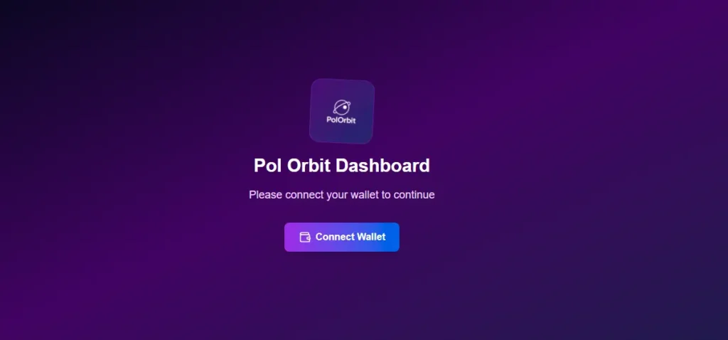 Pol Orbit dashboard interface showing wallet connect option for users