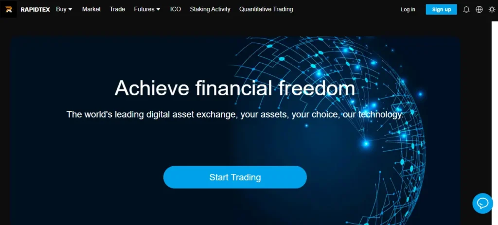 RapidBitex trading platform homepage promoting digital asset exchange and financial freedom claims.