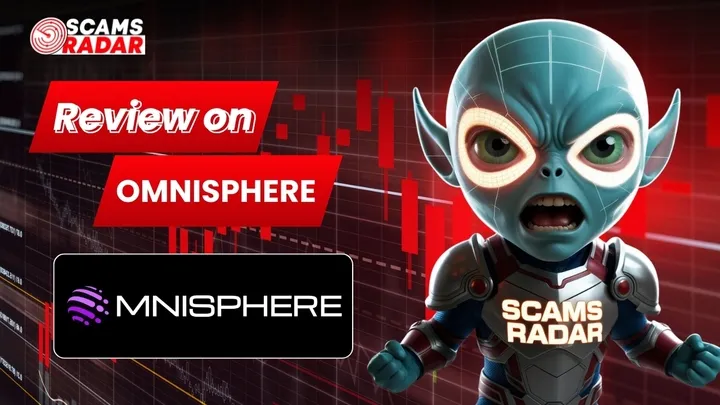 Review on Omnisphere by ScamsRadar, featuring a 3D character and market graphs