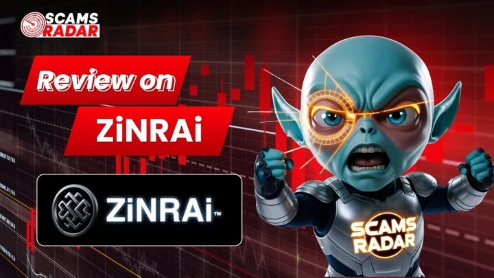 Review on ZiNRAi by ScamsRadar, featuring a 3D character and market graphs