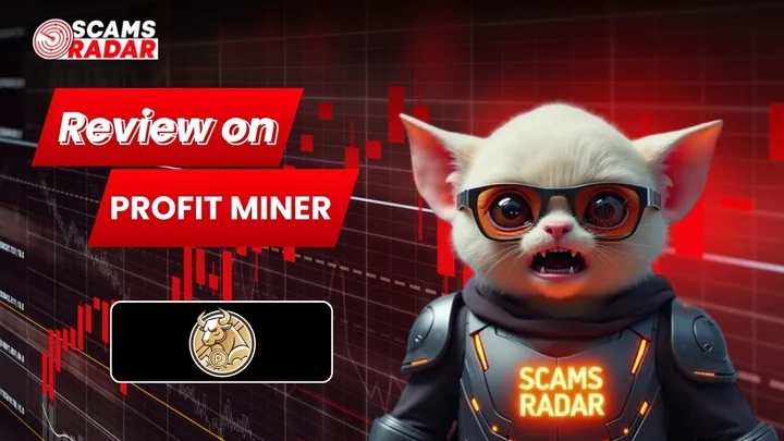 Scams Radar review on Profit Miner with a cat wearing glasses and a crypto chart background