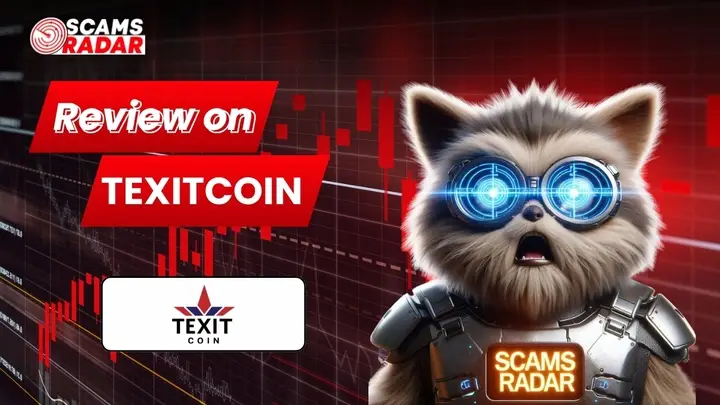 Scams Radar TexitCoin review image with crypto market chart and futuristic character
