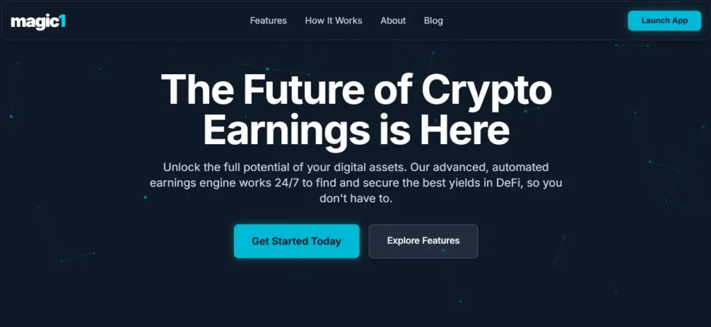 The future of crypto earnings with Magic1, showcasing automated earnings engine for DeFi with a futuristic design.